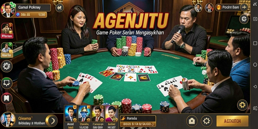Tampilan gameplay seru AGENJITU dengan pemain berinteraksi di meja poker.