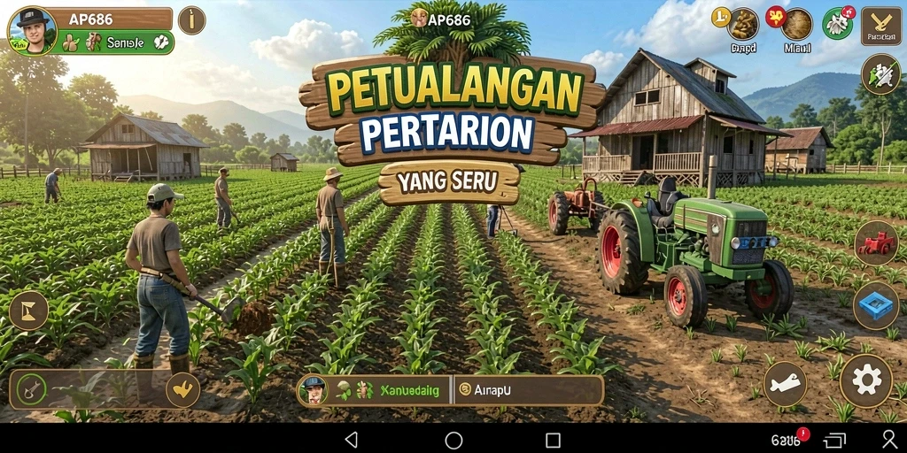 Screenshot AP686 menunjukkan pemain sedang mengelola ladang dengan berbagai tanaman.