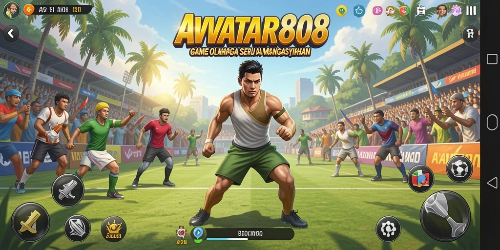 Screenshot utama dari <strong>AVATAR808</strong> menunjukkan aksi penuh semangat dalam permainan olahraga.