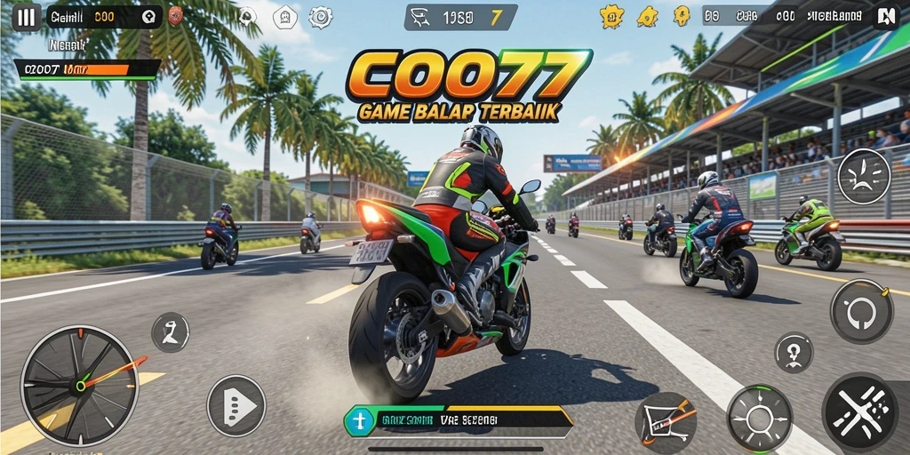 Screenshot gameplay COO77 menampilkan aksi balap motor yang mendebarkan.