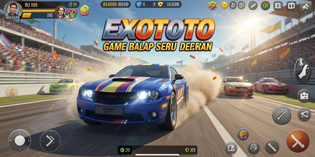 Tangkapan layar gameplay EXOTOTO menunjukkan balapan yang intens dan mendebarkan.
