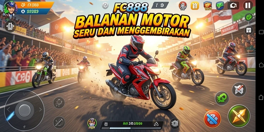 Tangkapan layar gameplay FC888 menampilkan balapan motor yang mendebarkan.