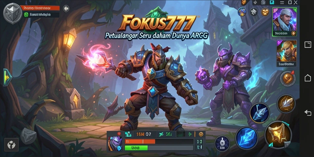 Tampilan screenshot FOKUS777 menampilkan pertarungan epik dan karakter yang beragam.