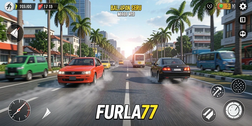 Gameplay Racing seru dengan mobil balap dan lintasan menantang.