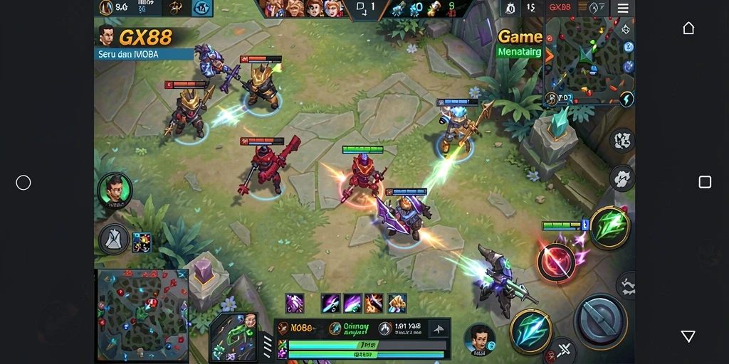 Screenshot gameplay seru GX88 dengan aksi MOBA yang mendebarkan.