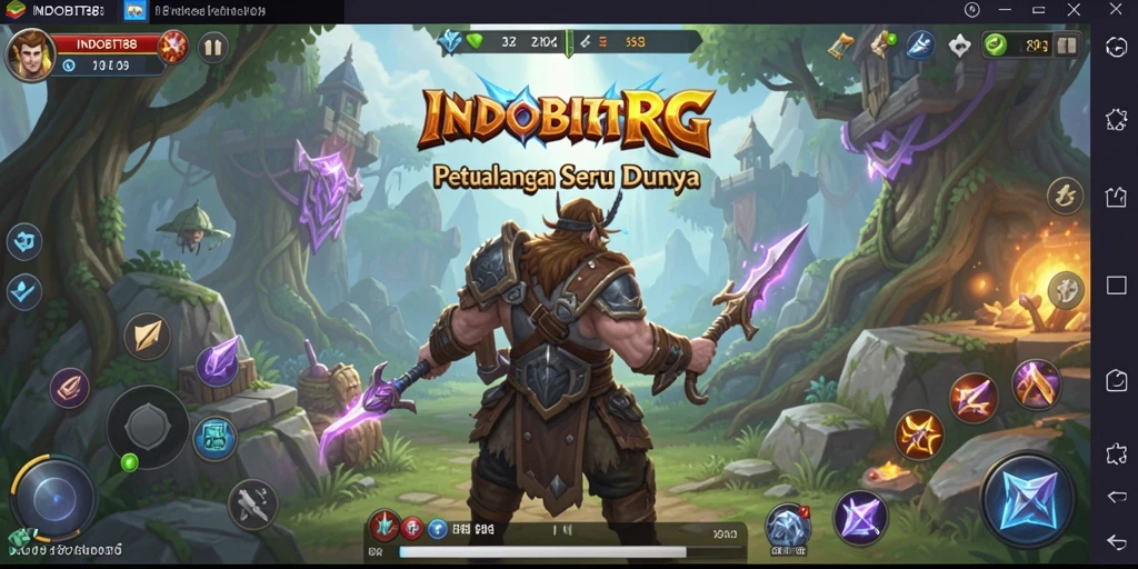 Tangkapan layar gameplay <strong>INDOBIT88</strong> yang menunjukkan pertarungan seru dan eksplorasi dunia fantasi.
