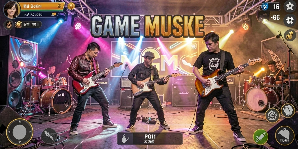 Screenshot gameplay PG11 menampilkan pengalaman musik yang interaktif dan berwarna.