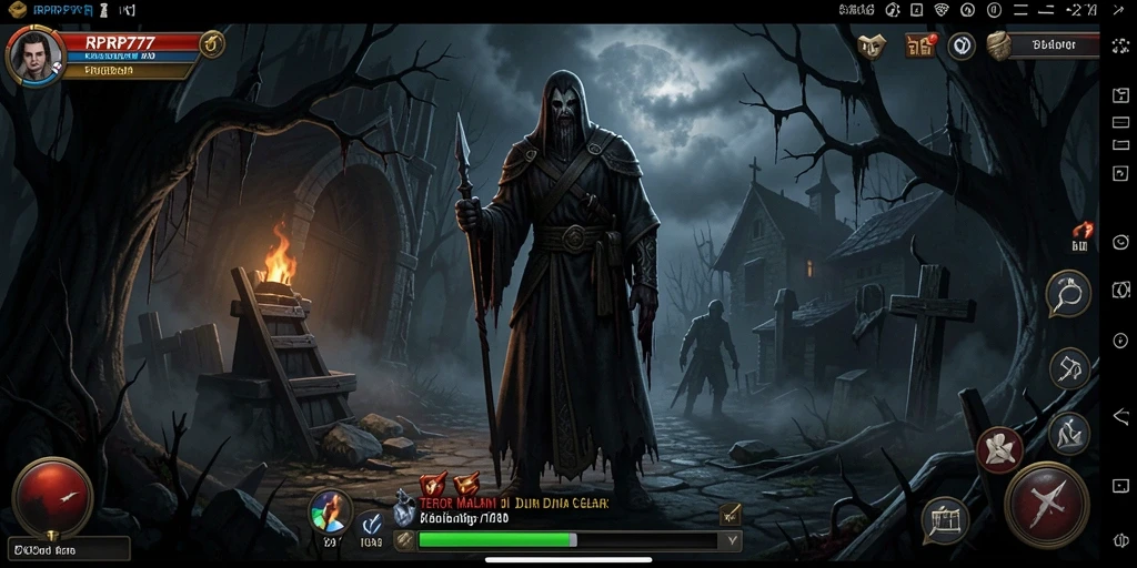 Tangkapan layar gameplay RPRP777 yang menakutkan dan gelap.