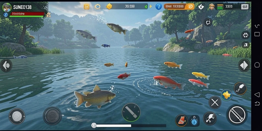 Screenshot gameplay SUNEO138 menunjukkan berbagai lokasi memancing yang menarik.